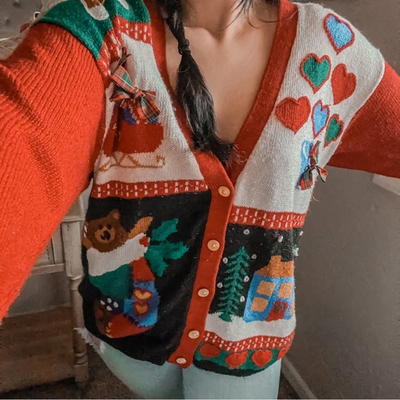 Vintage Sweaters - Vintage Grandma Holiday Christmas Hearts Teddy Bear Cozy Story Cardigan Sweater
